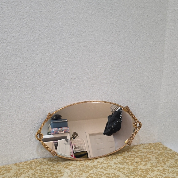 Vintage Oval Mirror vanity Tray golden color Heavy Metal - Picture 4 of 12